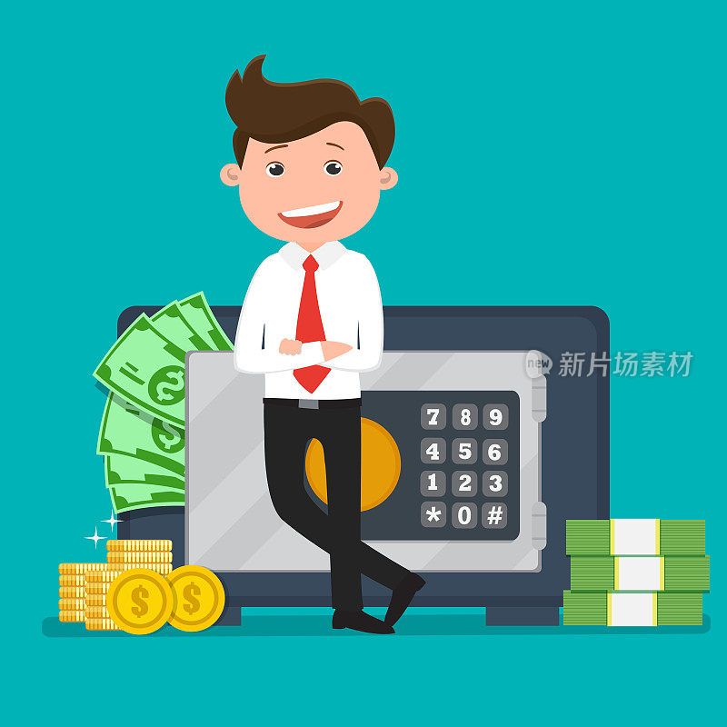 Business man standing near the safe box with money.Business Deposit.Vector illustration.